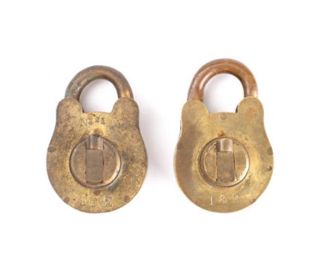 Two Victorian brass and wrought iron Bramah pattern padlocks  by J T Needs, Late Bramah,London: both stamped to backplate as 