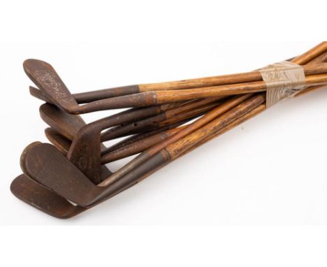 Eleven various golfing irons: all on hickory shafts, including D Adams Mashie, F R Frostick No.4 Iron, A Andrews ' The Champi