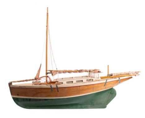 A scale model of the sailing yacht 'Jamasa': standing rigged over planked deck with glazed cabin, the plank ad pinned hull va