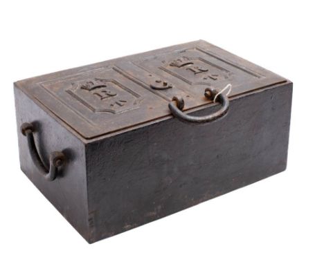 A Victorian War Department issue cast iron strong box: the double filed panel top with crown over 'R' and broad arrow to both