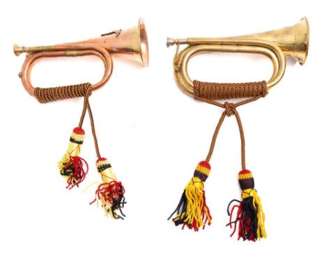 A copper and brass bugle, together with a brass bugle:  (2) 