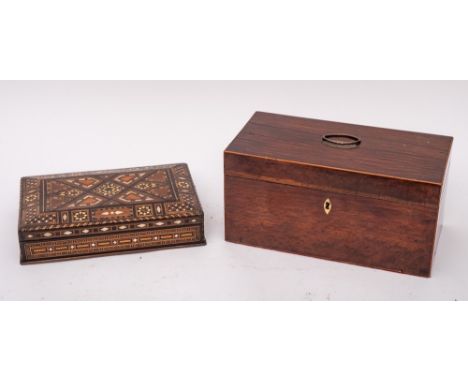 An early 19th Century harewood and boxwood strung rectangular tea caddy: with twin lidded compartments, 30cm long, also a Moo