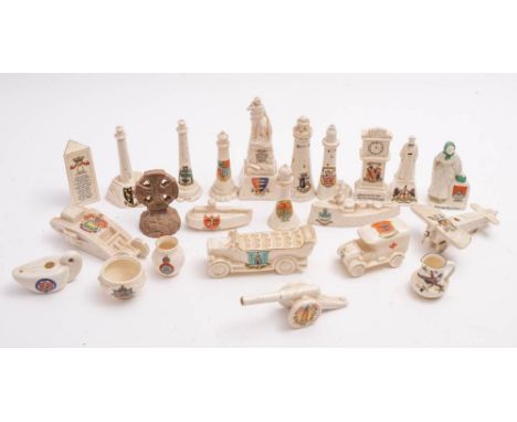 W H Goss and other makers. A group of WWI period crested wares: including a tank, a field ambulance, a submarine,  an aeropla