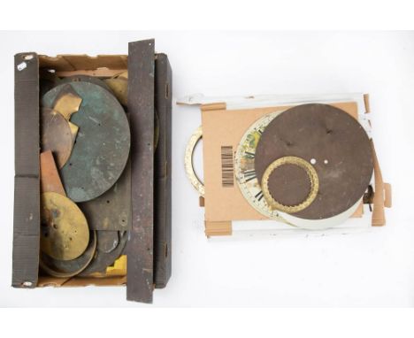 Twenty-plus round brass and zinc wall, bracket and other clock dials: along with an incomplete square brass bracket clock dia