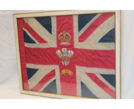 A rare Second War Battalion Colour of  the 2nd Battalion Coldstream Guards with central King's Crown, Prince of Wales Plumes 