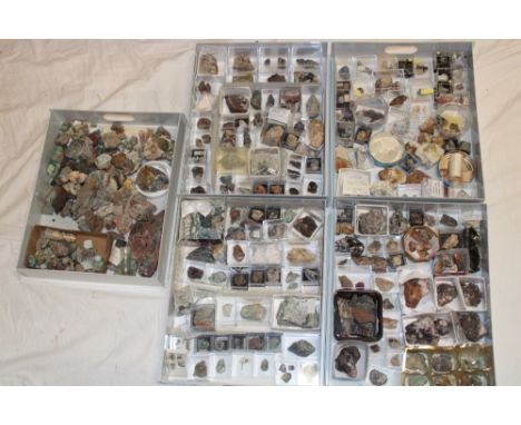 A five drawer cabinet containing a selection of various mineral specimens, predominantly Cornish including wavellite from Gun