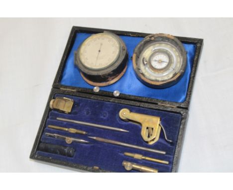 A pocket barometer by Newton & Co in leather case and a compass beam drawing set (Thornton Pattern) in fitted case 