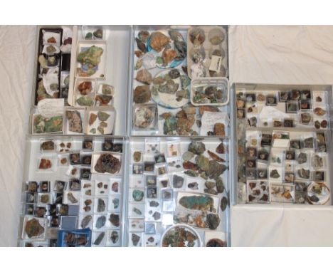 A plastic five drawer display cabinet containing a collection of Cornish minerals, many labelled including Penberthy, Tolcarn