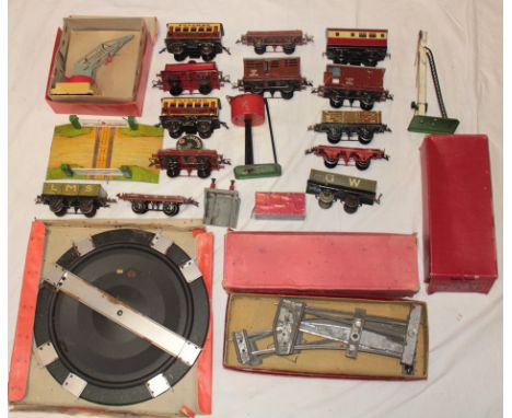 Hornby 0 Gauge - boxed platform crane, boxed rails, points etc together with a selection of unboxed tinplate wagons and coach