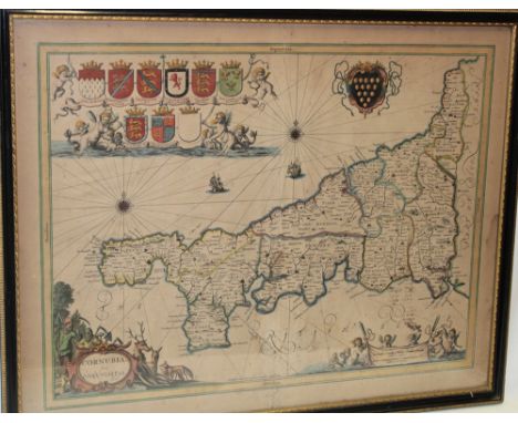 A 17th century hand coloured map of Cornwall by Jan Jansson circa 1646 17" x  21½" 