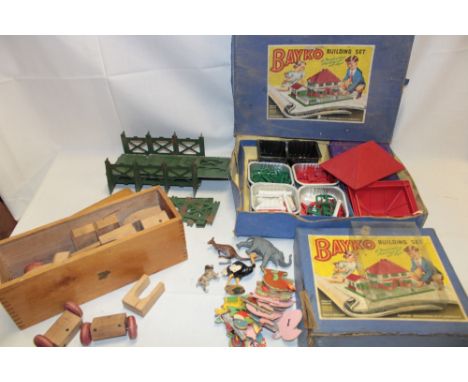 A selection of various toys including "Nicoltoys" wooden car kit in original box, Bayko No. 2 buildings set, early tinplate c