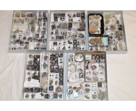 A plastic five drawer display cabinet containing a selection of mainly Cornish minerals examples from South Bassett Mines, Le