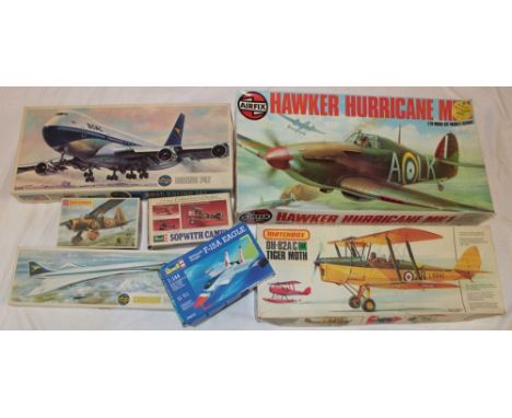 Seven boxed model kits including Airfix 1:24 scale Hawker Hurricane, Matchbox 1:32 Tiger Moth, Airfix Concorde and others etc