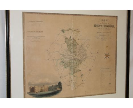 A 19th century hand coloured map of the county of Huntingdon by C and J Greenwood 1831, framed and glazed 