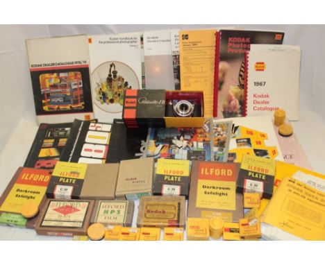 A Kodak Retinette 1B boxed camera, various boxed filters, Kodak and Ilford boxed photographic plates, catalogues etc 