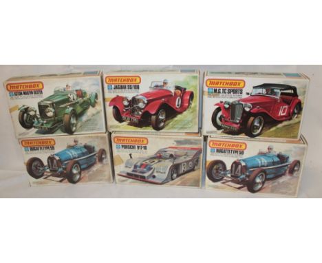 Six Matchbox 1:32 scale model vintage car kits including Aston Martin,  MG TC Sports, Jaguar SS, Bugatti 59 etc 