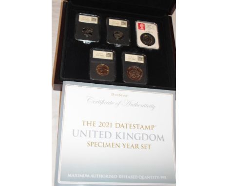 A 2021 Date Stamp five-piece specimen coin set in capsules, cased 