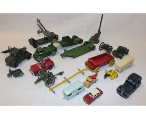 Various diecast vehicles including Dinky Austin Taxi, Dinky armoured car, Tri-ang Minic trailers etc 