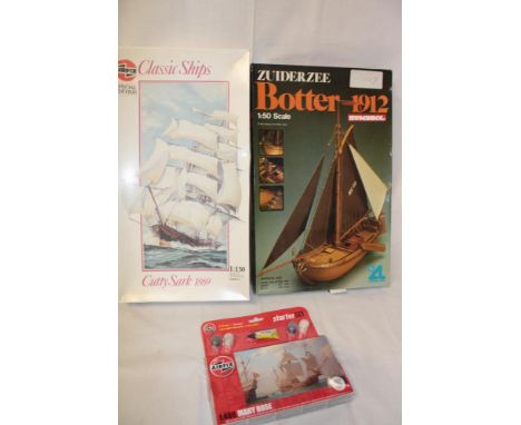 A Humbrol Zuiderzee Botter 1912 1:50 model boat in original box, an Airfix 1:30 Cutty Sark model kit and one other (3)