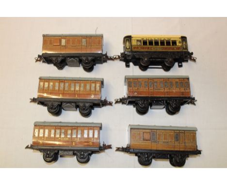 Six various Hornby O gauge tin plate coaches 