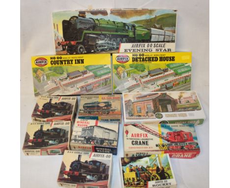 A selection of boxed Airfix railway kits including saddle tank locomotive, Rocket, engine shed, Evening Star locomotive etc 