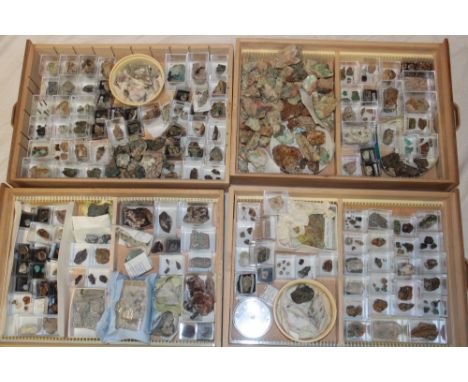 A wooden four drawer display cabinet containing a collection of various minerals, predominantly Cornish and West Country incl