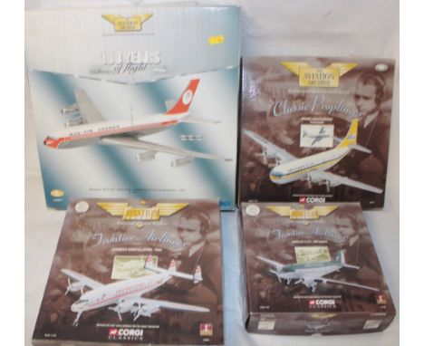 Three Corgi Aviation Archive boxed aircraft including TWA Constellation, Stratocruiser etc together with one other Danair Boe