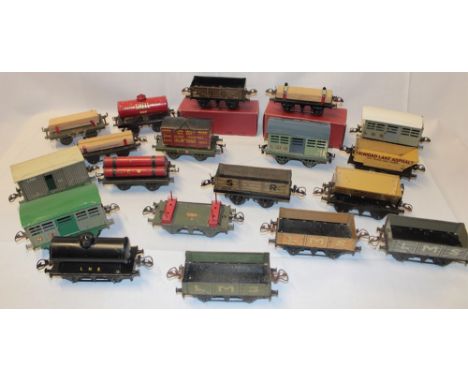 A selection of Hornby O Gauge goods wagons including Shell tank wagon, NE cattle car, gas cylinder wagon, others etc 