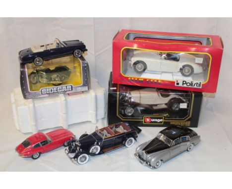 A Burago Mercedes sports diecast car in original box, Polistil diecast MGA sports and various other vehicles etc 