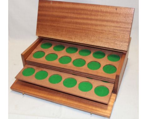 Polished wood coin cabinet with felt-lined trays to hold 144 crown-sized coins 