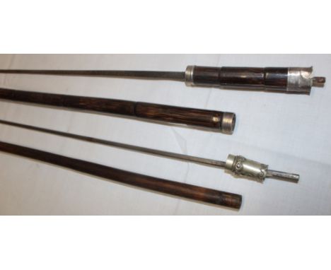 An old sword stick with 25" square-section blade in walking stick mounts (handle damaged) and one other part sword stick (2)