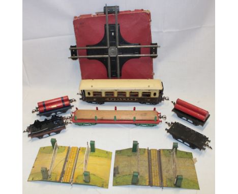 A Hornby O Gauge Pullman tinplate coach, various goods wagons, two level crossings etc 