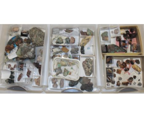 A plastic three drawer display chest containing as selection of various Cornish minerals including examples from Botallack, W