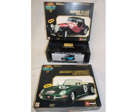 A Ricko Austin Seven 1:18 scale diecast saloon in original box and two boxed constructed Burago model kits including Jaguar S