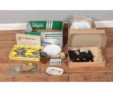 Two boxes of miscellaneous to include Wedgwood Colchester plates, ebonized dressing table set, Royal Doulton posy vase, souve