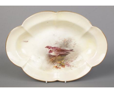 James Stinton for Royal Worcester, a porcelain lobed dish with hand painted scene depicting a Sand Martin in woodland landsca
