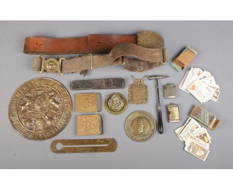 An assortment of collectables, to include brass safe plates, JS Richard razor, Wills cigarette cards in Wild Flowers and Hous