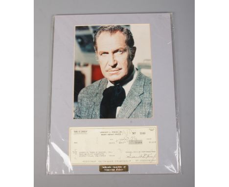 A signed Vincent L. Price cheque payable to Albert G. Ruben &amp; Company, mounted below colour photograph.  