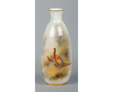 James Stinton for Royal Worcester, a porcelain vase with hand painted scene depicting pheasants in woodland landscape. Shape 