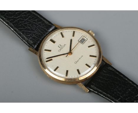 A gents 9ct gold Omega Geneve manual wristwatch. Having centre seconds, baton markers and date display. Presentation inscript