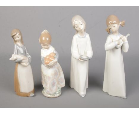 Four Lladro ceramic figures to include Valencia Girl with basket of oranges and Girl with Pig.  One figure is chipped and one