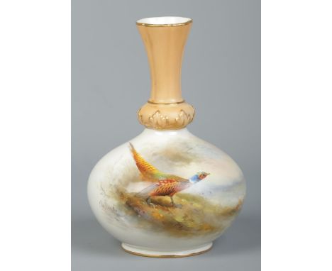 James Stinton for Royal Worcester, a porcelain vase with hand painted scene depicting pheasant in woodland landscape. Height 