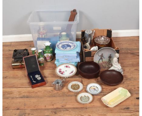 Two boxes of miscellaneous to include Limoges, Wedgwood, camping stove, Childhood Memories, silver plate tea service, etc.  