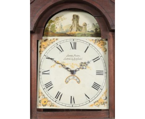 A Georgian oak longcase clock by James Foxton, Sutton Ashfield. Having twin swan neck pediment and painted dial. Height 219cm