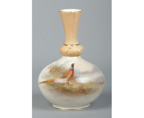 James Stinton for Royal Worcester, a porcelain vase with hand painted scene depicting pheasant in woodland landscape. Height 