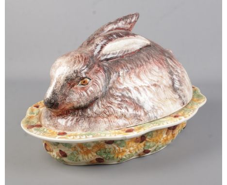 A large Italian decorative ceramic rabbit pie dish. Stamped Fatto A Mano to base. 45cmx32cmx27cm.  
