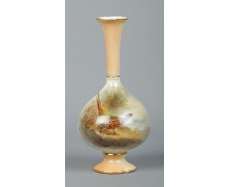 James Stinton for Royal Worcester, a porcelain vase with hand painted scene depicting pheasant in woodland landscape. Shape G