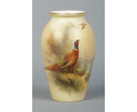 James Stinton for Royal Worcester, a porcelain vase with hand painted scene depicting pheasants in woodland landscape. Shape 