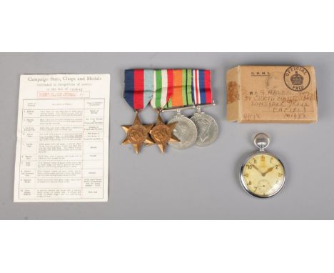 A set of four WWII medals, with associated box, addressed to L.G Allen, Enfield, Middlesex. To include 1939-45 medal, Defence