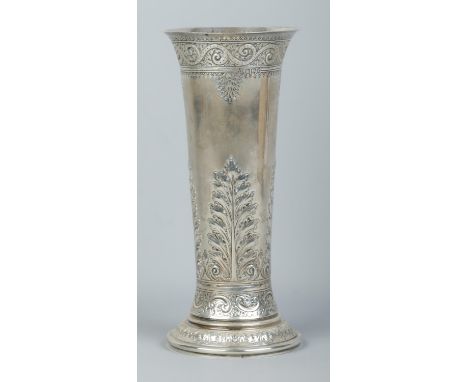 A Victorian silver trumpet shaped vase. Assayed Sheffield 1895 by James Deakin &amp; Sons. Height 25cm. 378g.  